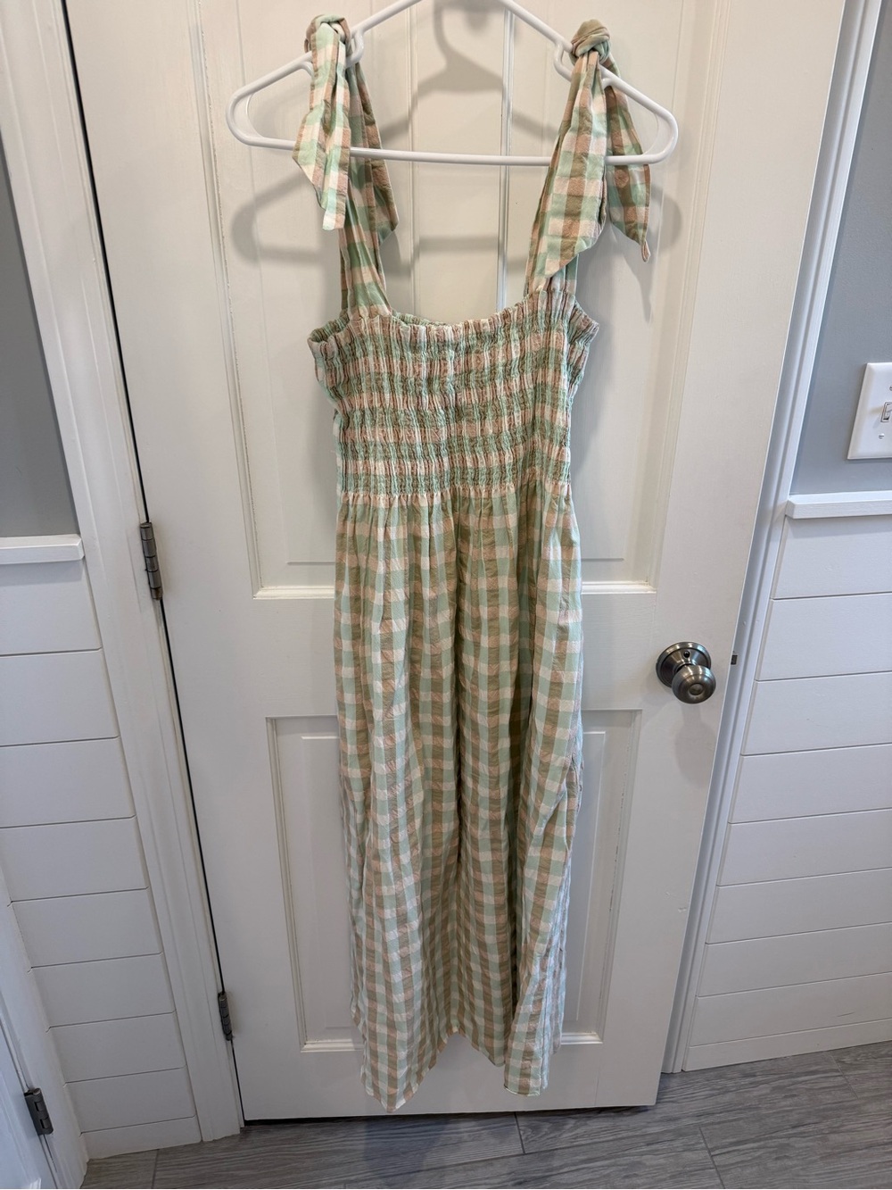 Mango Gingham Smocked Dress in Sage Green & Cream